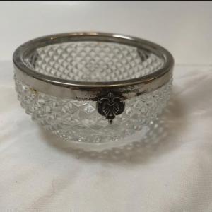 Photo of Small Diamond Point  Crystal Bowl with Silver Plated Rim. 3 Silver Designs. 4-1/