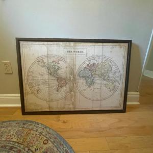 Photo of Beautiful  large World Map On Canvas With Brown Wooden Frame. 38” X 27”.