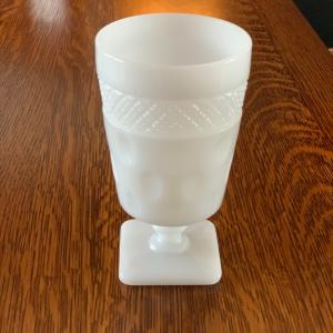 Photo of vintage McKee Thatcher thumb print milk glass goblet