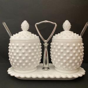 Photo of hobnail milk glass jam mustard mayo containers and tray with 2 spoons