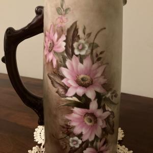 Photo of Hand painted pitcher 10 1/4" pink flowers with brown accent