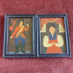 Photo of 2 Framed Reverse Glass Folk Art Paintings