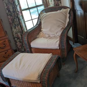 Photo of Palecek Wicker Chair and Ottoman, Lovely Pillows Included