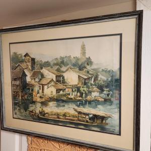 Photo of Asian Watercolor Art Village on Water Signed