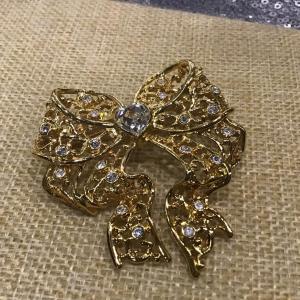 Photo of Smithsonian Institute Brooch Pin Gold Tone Bow with Rhinestones