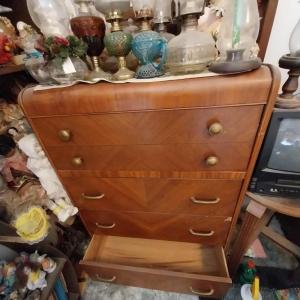 Photo of ANTIQUE VANITY W/STOOL, CHEST OF DRAWERS, HOPE CHEST, SMALL SECRETARY, GLASS FRO