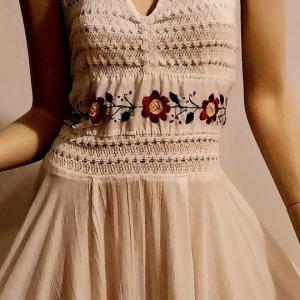 Photo of 1970's Embroidered Crepe cotton Halter Dress Asymmetrical Hem/Crochet Bodice
