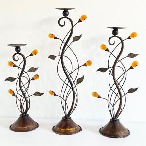 Photo of Trio (3) ~ Distressed Metal Floral Candle Holders with Amber Glass Floral Bulbs 