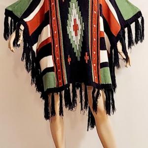 Photo of Vtg 70s Striped  Aztec wool content Poncho with wood Buttons