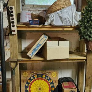 Photo of LOT 22B: Shelf Contents #10 - Dart Board, Kitchen Items, Crafting