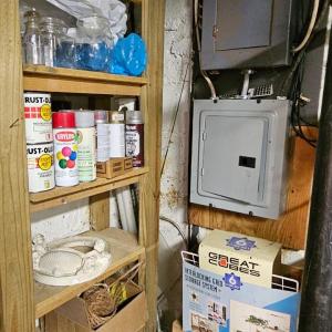 Photo of LOT 21B: Shelf Contents #9 - Baskets, Radio Tubes, Glass Jars, Paint