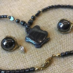 Photo of Gray Hematite Stone  Turtle Pendant Necklace with Hematite Earrings