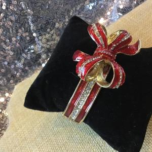 Photo of Dana Buchman Christmas Sparkling  Rhinestone Ribbon Bow Gold Tone Enameled Red