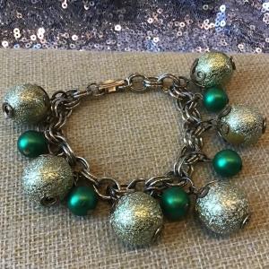 Photo of Vintage Holiday Silver Tone Sparkle and Green Bead Bracelet, Disco,