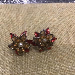 Photo of Gold Tone Red Enameled Poinsettia Christmas Earrings
