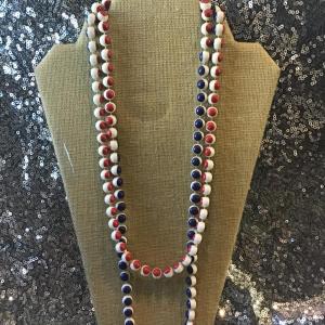 Photo of Groovy 60/70's Vintage Necklace Red, White & Blue Long Knotted Plastic Beads