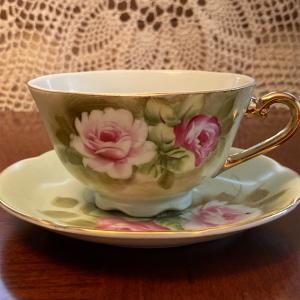 Photo of Vintage Lefton roses cup saucer hand painted sticker