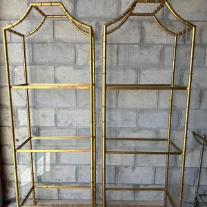 Photo of Pair of Vintage Metal Faux Bamboo Pagoda Étagères Glass Display Shelves Dimens