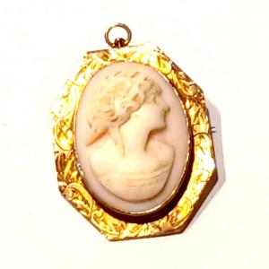 Photo of Gorgeous Antique Pin Coral Cameo & 10k Yellow Gold Scroll Pendant Pin