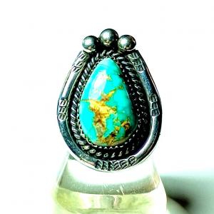 Photo of Vintage Native American Sterling Silver & Turquoise Teardrop Shaped Ring G Myers
