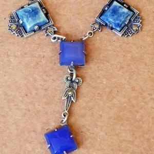 Photo of Art Deco Sterling Silver Marcasite & Blue Violet Gemstone Lavalier Necklace