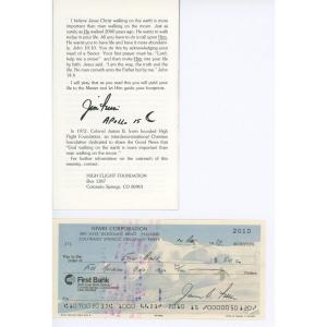 Photo of Jim Irwin signed check and High Flight Foundation pamphlet