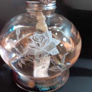 Photo of Clear Glass Oil Lamp with an Etched White Rose Lamplight Farms