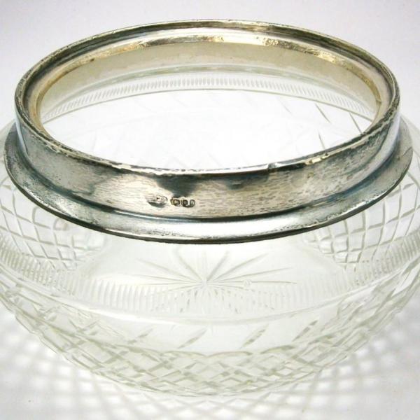 Photo of Vintage Cut Glass Bowl with Sterling Silver Rim