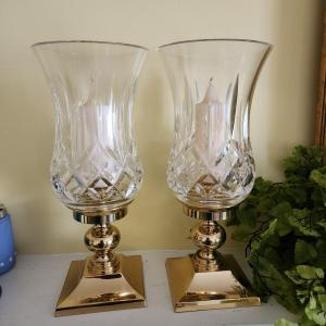 Photo of Waterford Crystal Lismore Hurricane Candle w Brass Base Holders