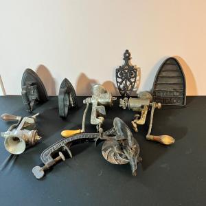 Photo of Antique Cast Iron Meat Grinders, Cherry Stoner, Irons w/ Bases
