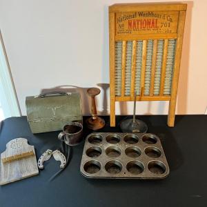 Photo of Antique Vintage Mixed Primitives Lot Washboard Lunchbox Muffin Pan +++