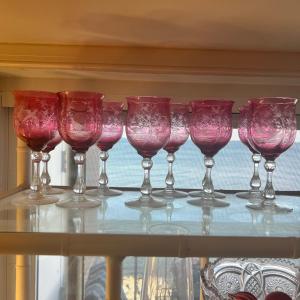 Photo of Vintage Set 10 Cranberry Etched Wine Glasses