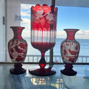 Photo of Lot Antique Czech. Bohemian Ruby Cut Glass Crystal Vases