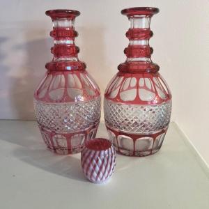 Photo of Pair Antique Cranberry Cut to Clear Crystal Liquor Decanter + Small Glass