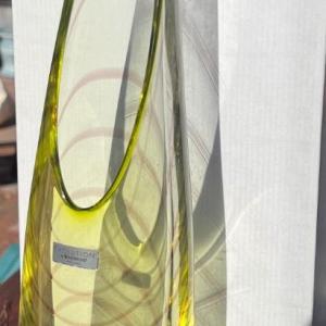 Photo of Waterford Evolution Handblown Green Brown Spiral Quiet Knoll Art Glass Vase 19"