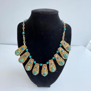 Photo of Vtg faux gold necklace with turquoise-look pineapples. 18” adjustable