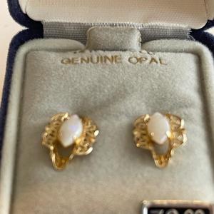 Photo of 14k gold opal earrings in royal blue box. Vtg
