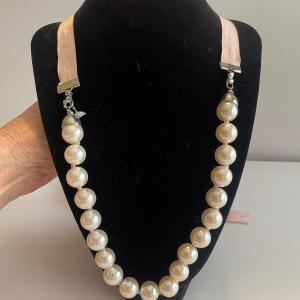 Photo of Faux pearl necklace with pink silk ribbon. Vtg