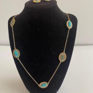 Photo of Gold-tone necklace with faux turquoise stone. Adjustable. 26”. Matching earrin
