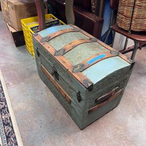 Photo of 26 x 15 x 17 Embossed metal turn of the century teal blue trunk