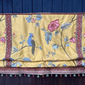 Photo of Roman Shade Silk Embroidery Birds Flowers Set 3 Lined Corded Yellow Gold Red Fri