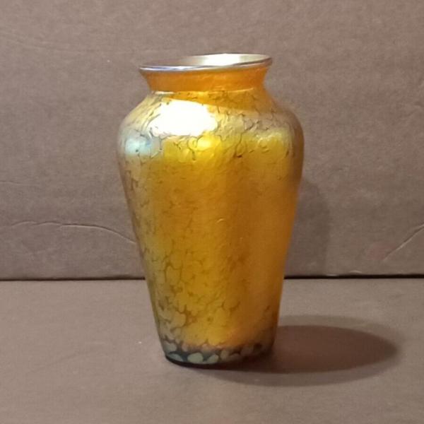 Photo of LUNDBERG Studios Art Glass Gold Aurene Iridescent Vase 5 1/4" Tall