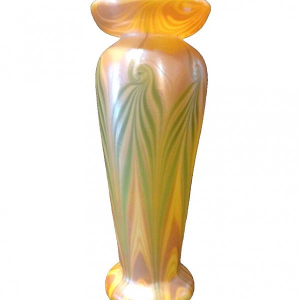 Photo of LUNDBERG Studios Art Glass Tall Green & Yellow Iridescent Vase