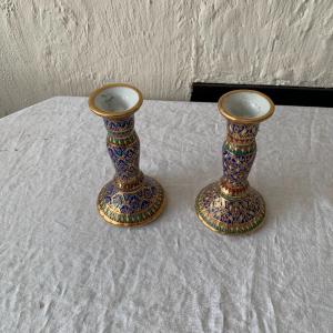 Photo of Pair of Vintage porcelain painted candlesticks