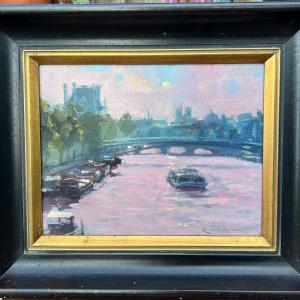 Photo of Keith Wicks Boats on Seine Paris 2007 Original Oil Canvas Framed Signed