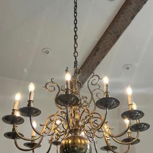 Photo of Flemish Dutch Style Chandelier PAIR Large 12 Arm Lights Brass Hardwired MCM Mid 