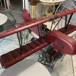 Photo of Vintage Large Wooden Carved Biplane w/Red Baron Fighter Pilot Believed to be Mad