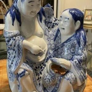 Photo of Vintage Chinese Blue & White Immortal Hehe Porcelain Figurine 10.75" Tall & 8" W