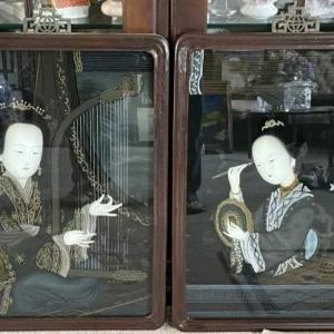 Photo of Pair of 2 Vintage Chinese Reverse Glass Paintings 17" x 23" Preowned from an Est