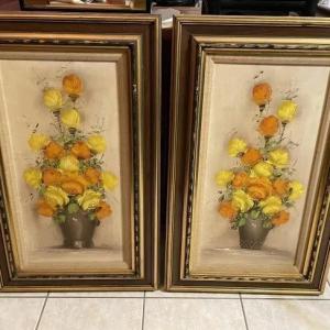 Photo of 2-Mid Century Pair of Flower Still Life Oil/Acrylic on Canvas Paintings Signed b